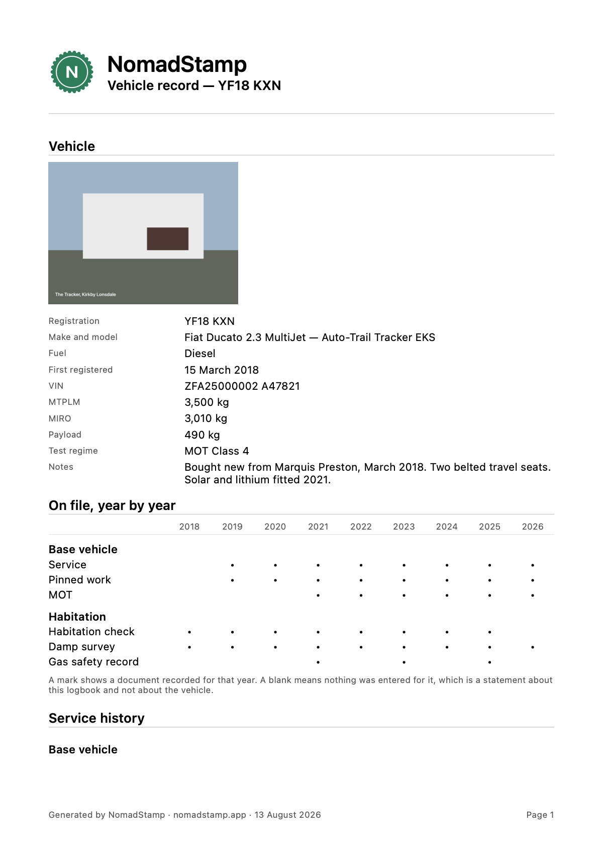Page one of a NomadStamp resale pack: the vehicle record, its weights and payload, and a grid of what is on file year by year.