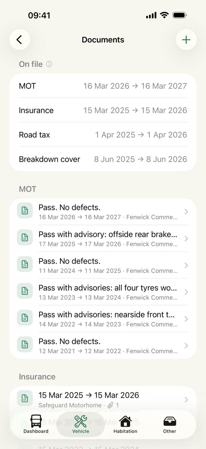 The Documents screen, listing MOT tests with their results and testing station.