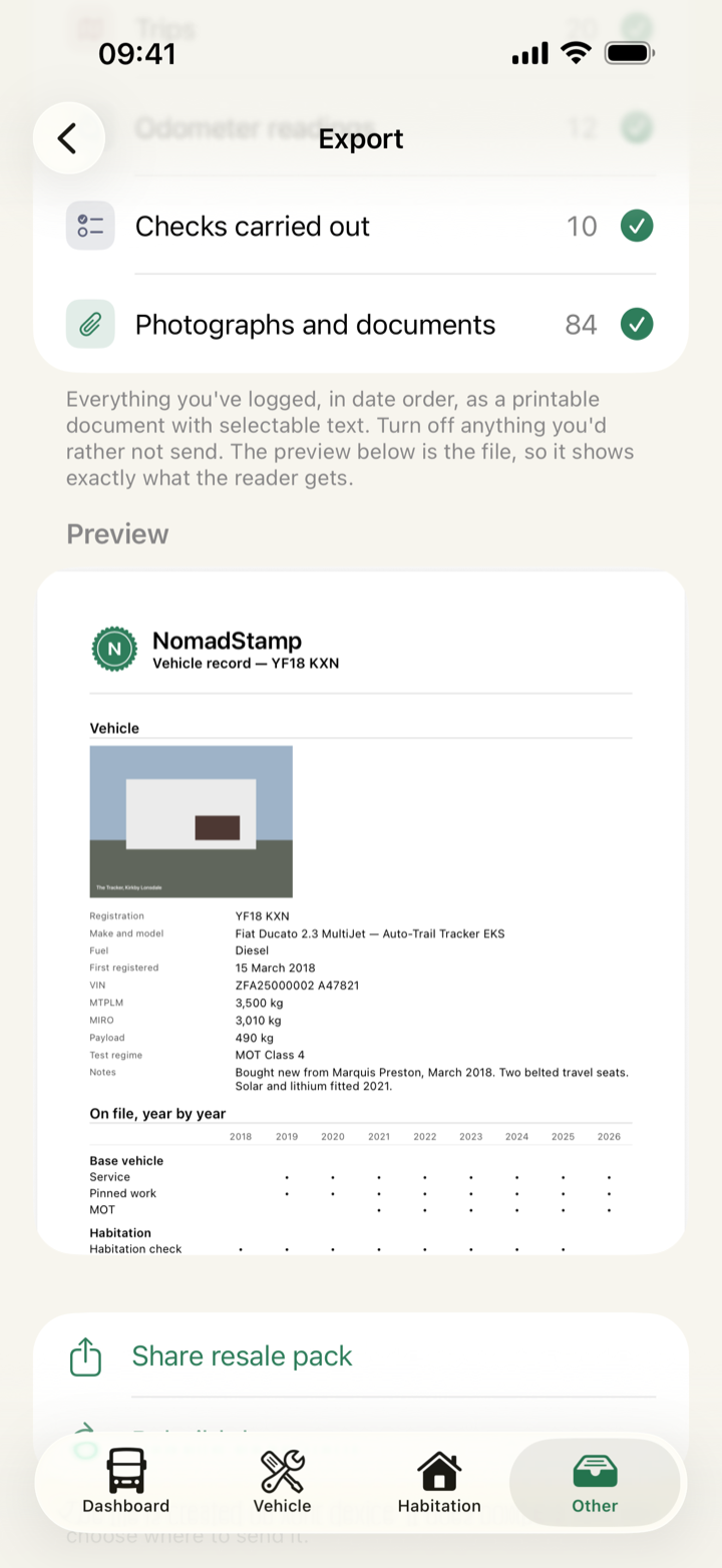 The Export screen, with the finished resale pack previewed underneath it.