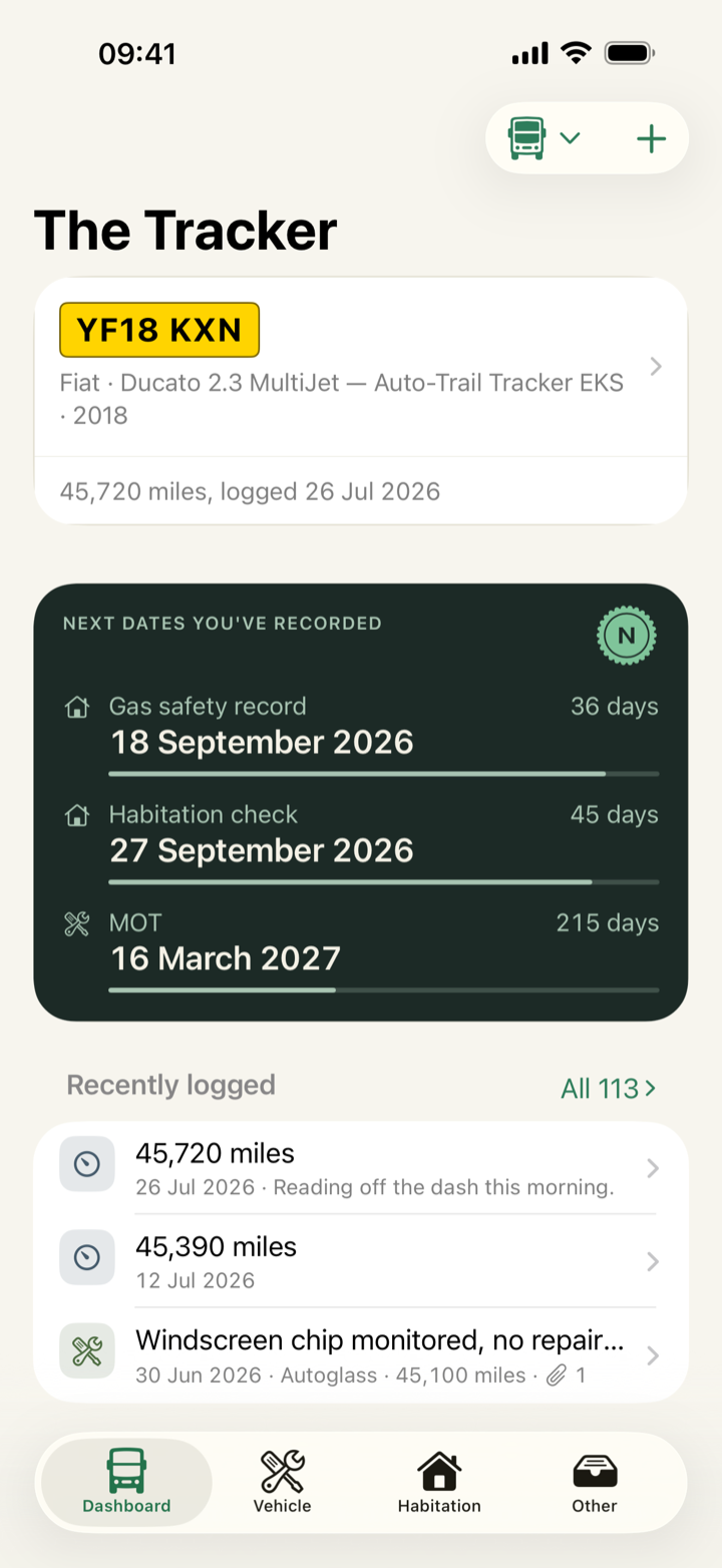 The dashboard: a van called The Tracker, its registration plate, and the next dates its owner has recorded.