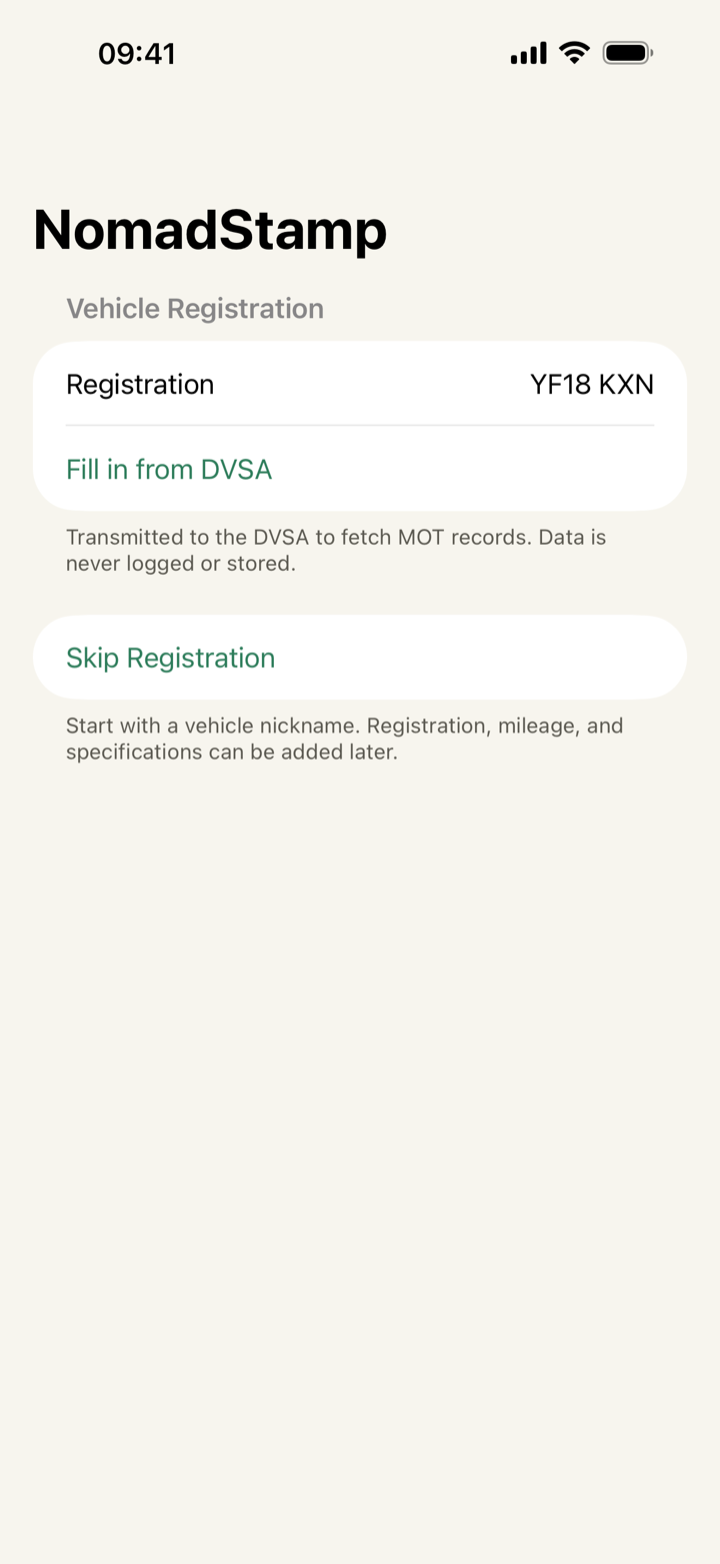 The first screen: one field for a registration, a button to fill in from DVSA, and a way to skip it. There is no account.