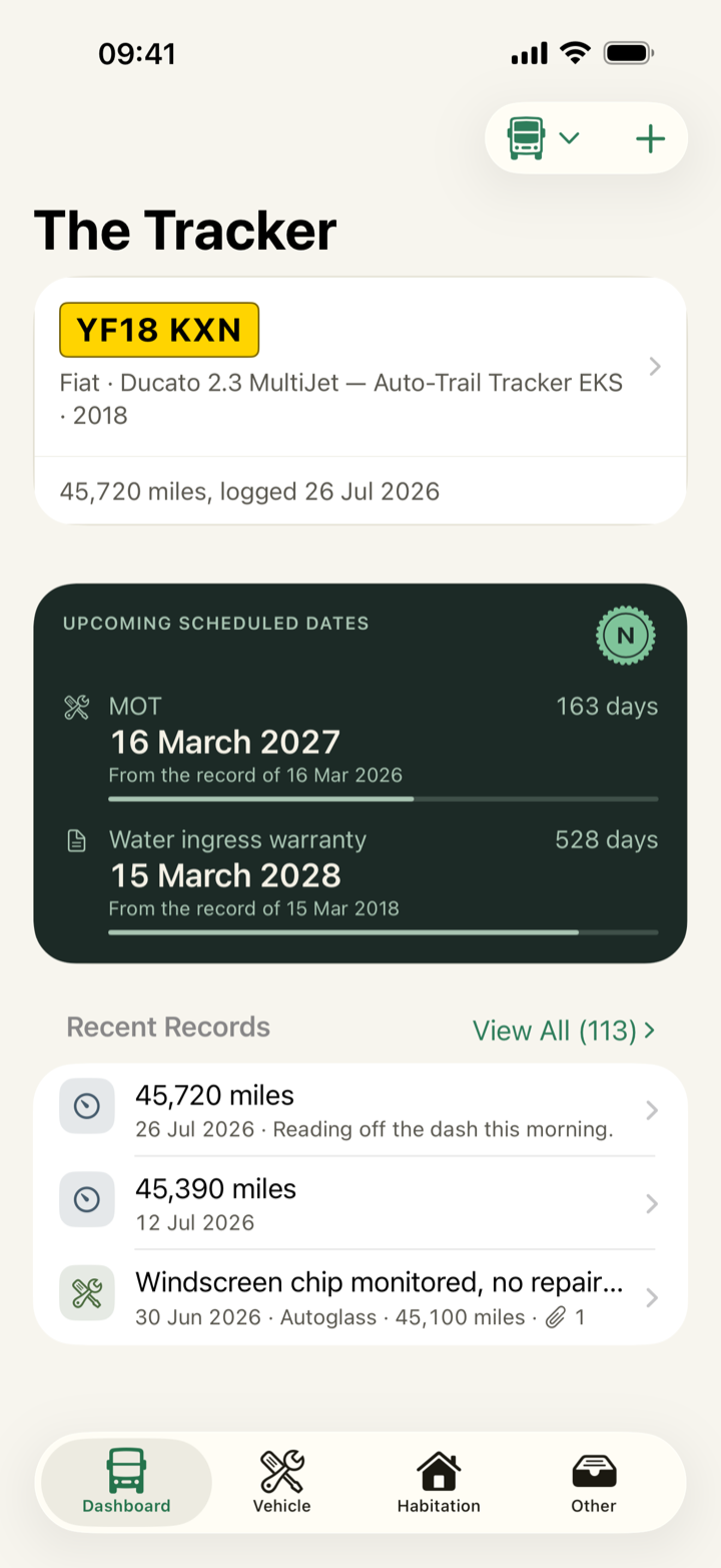 The dashboard: a van called The Tracker, its registration plate, and the next dates its owner has recorded.