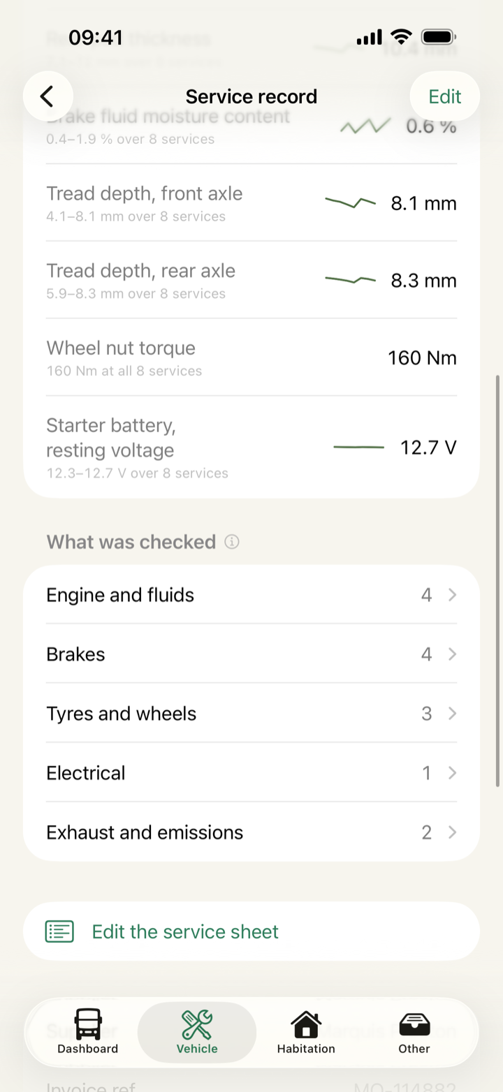 A service record showing the workshop's own inspection sheet, line by line.
