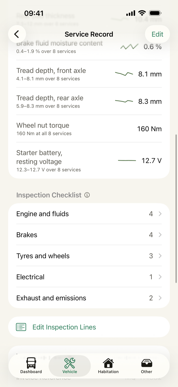 A service record showing the workshop's own inspection sheet, line by line.