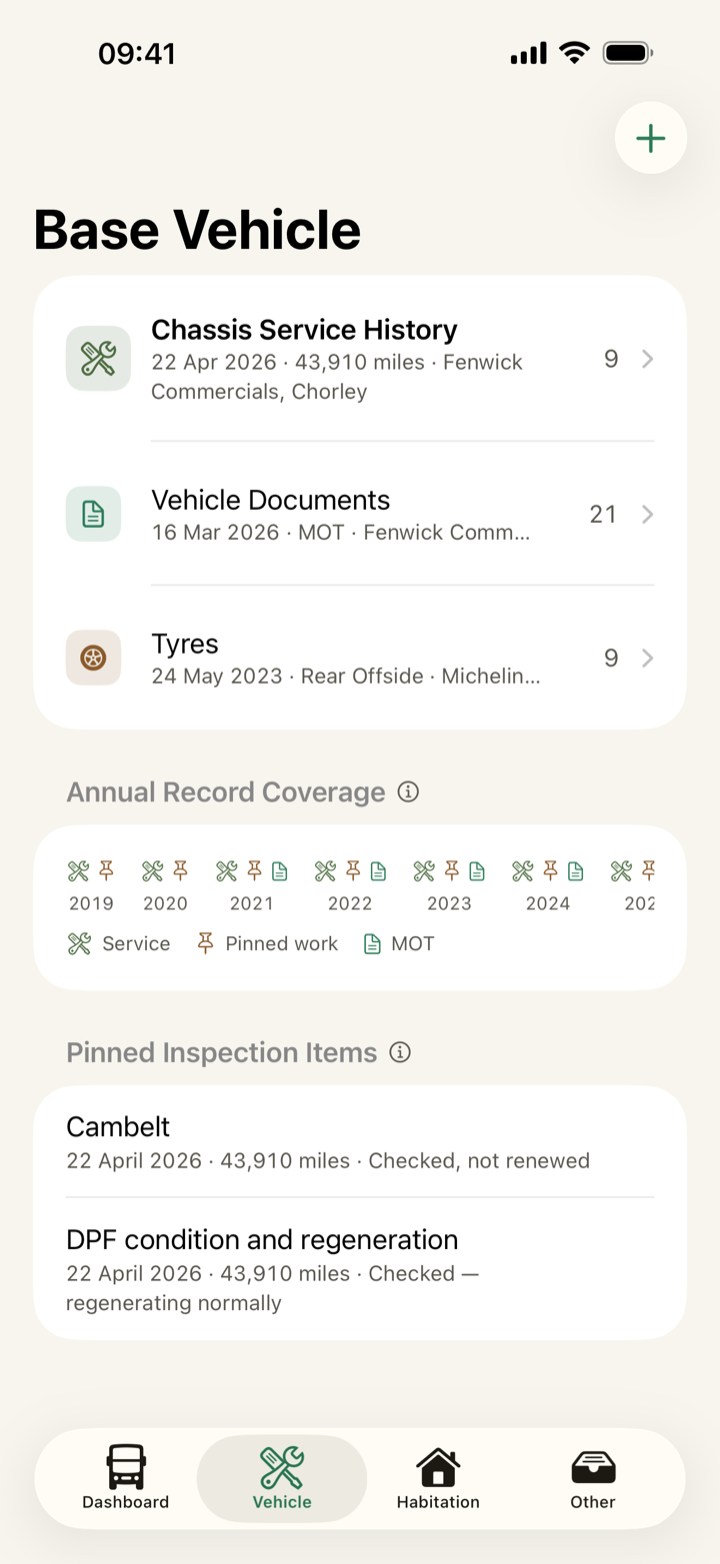 The Vehicle tab, listing the registers with what each one most recently received.